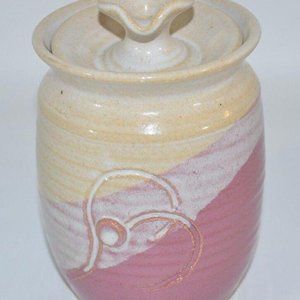 Happy Things Pottery Jar w/Lid Heart Design Pink Grey 6" Studio Art Signed